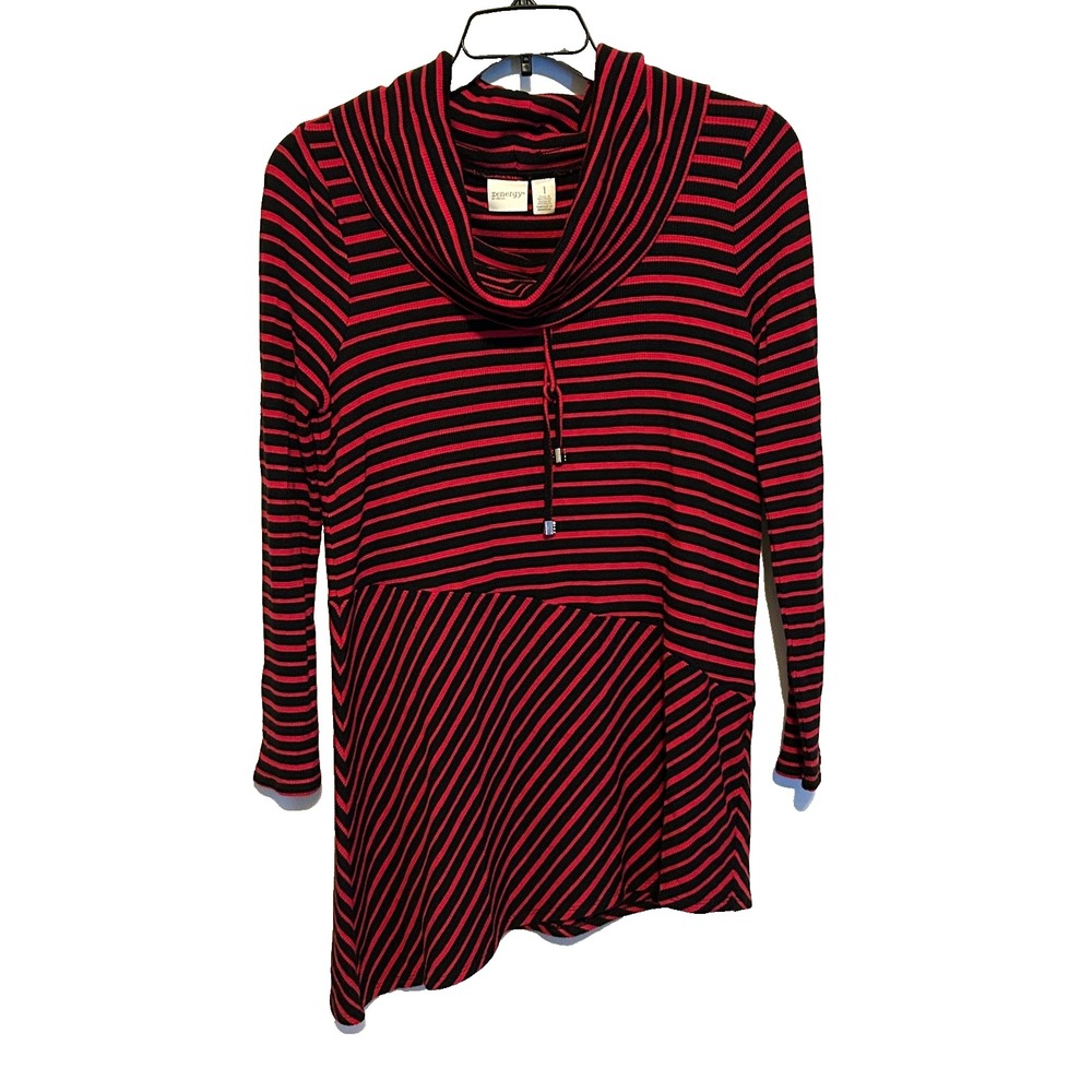 Chicos Zenergy Red Cowl‎ Neck Sweater Striped Long Sleeve Tunic Size 8 Medium